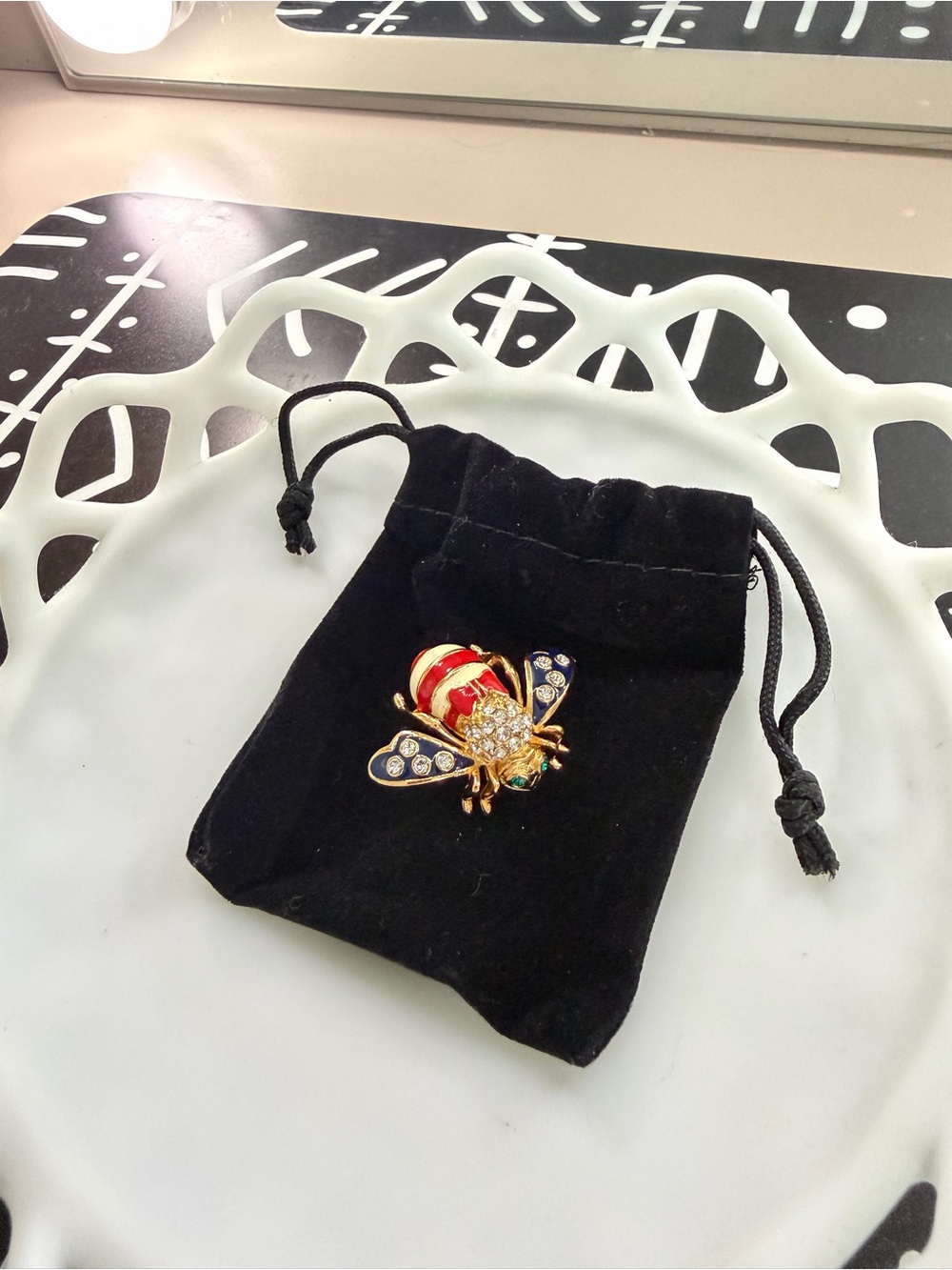 Joan Rivers Gold-Tone Bee Brooch with Red Stripes, Blue Wings & Green Eye